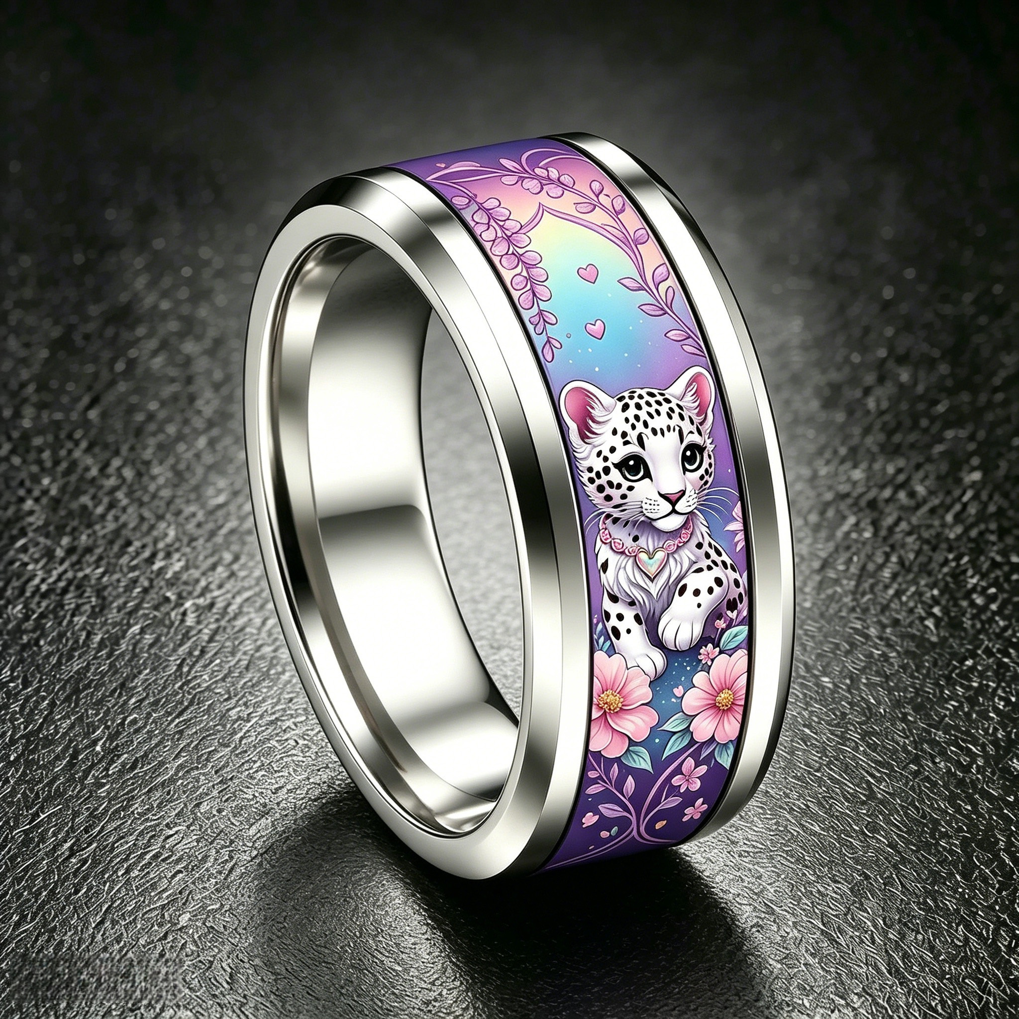 Purple Flower Cute Snow Leopard Girl Ring